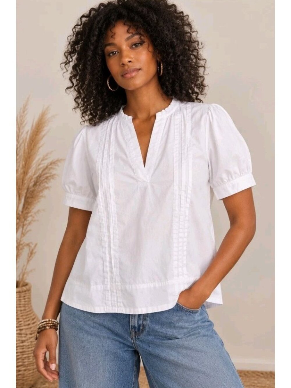 Anthropologie Poplin Pintuck Blouse Boho Minimalist Casual Size 0 White